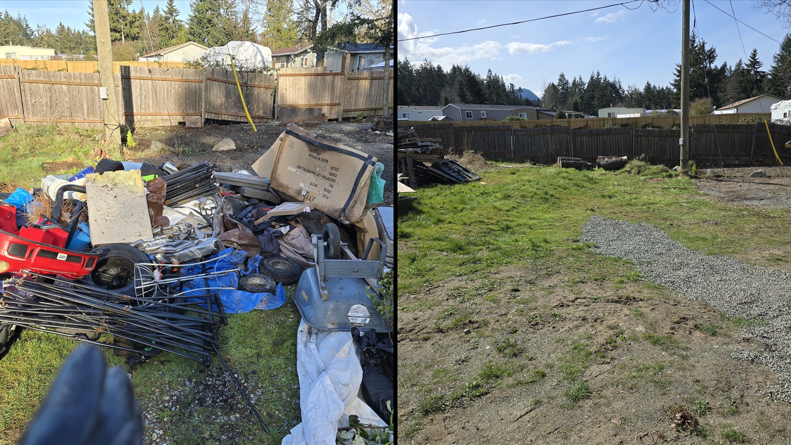 Before and after yard junk removal cleanup for Nanaimo Junk Removal.